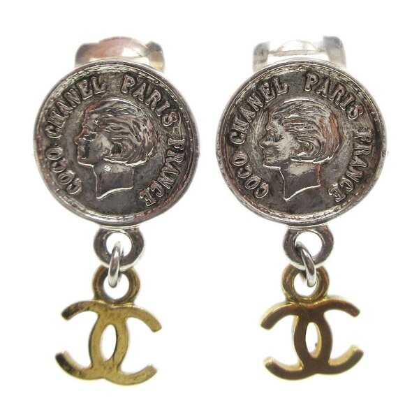 Chanel Medallion Charm Dangle Earrings Gold Silver Clip-On - Picture 1 of 4